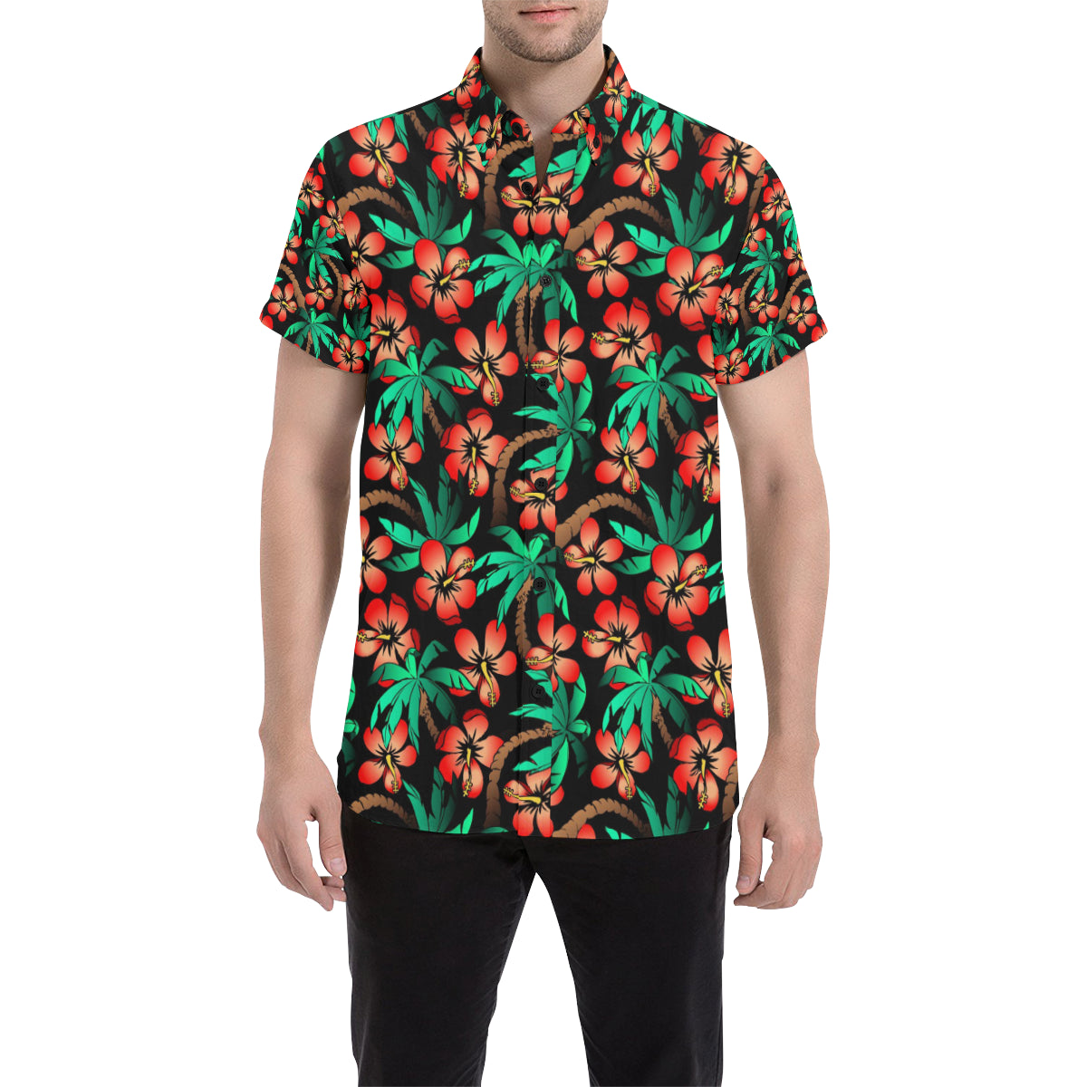 Hawaiian Themed Pattern Print Design H022 Men's Short Sleeve Button Up Shirt