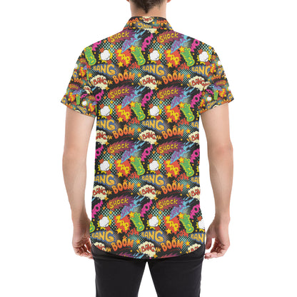 Comic Book Pattern Print Design 01 Men's Short Sleeve Button Up Shirt