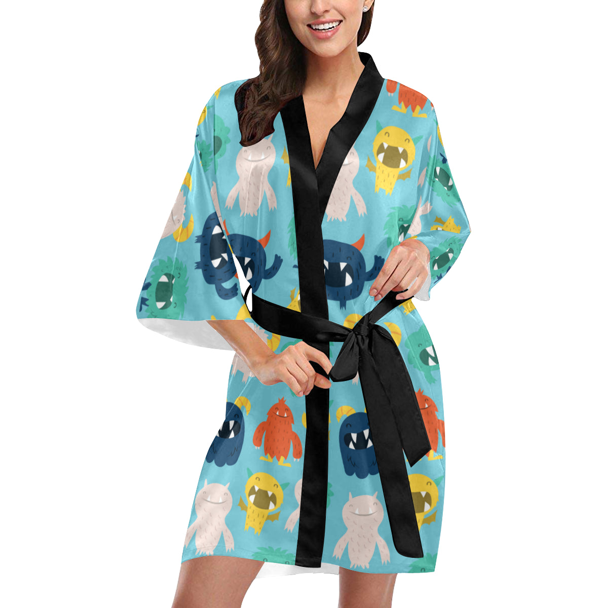 Monster Cartoon Pattern Print Design 03 Women's Short Kimono