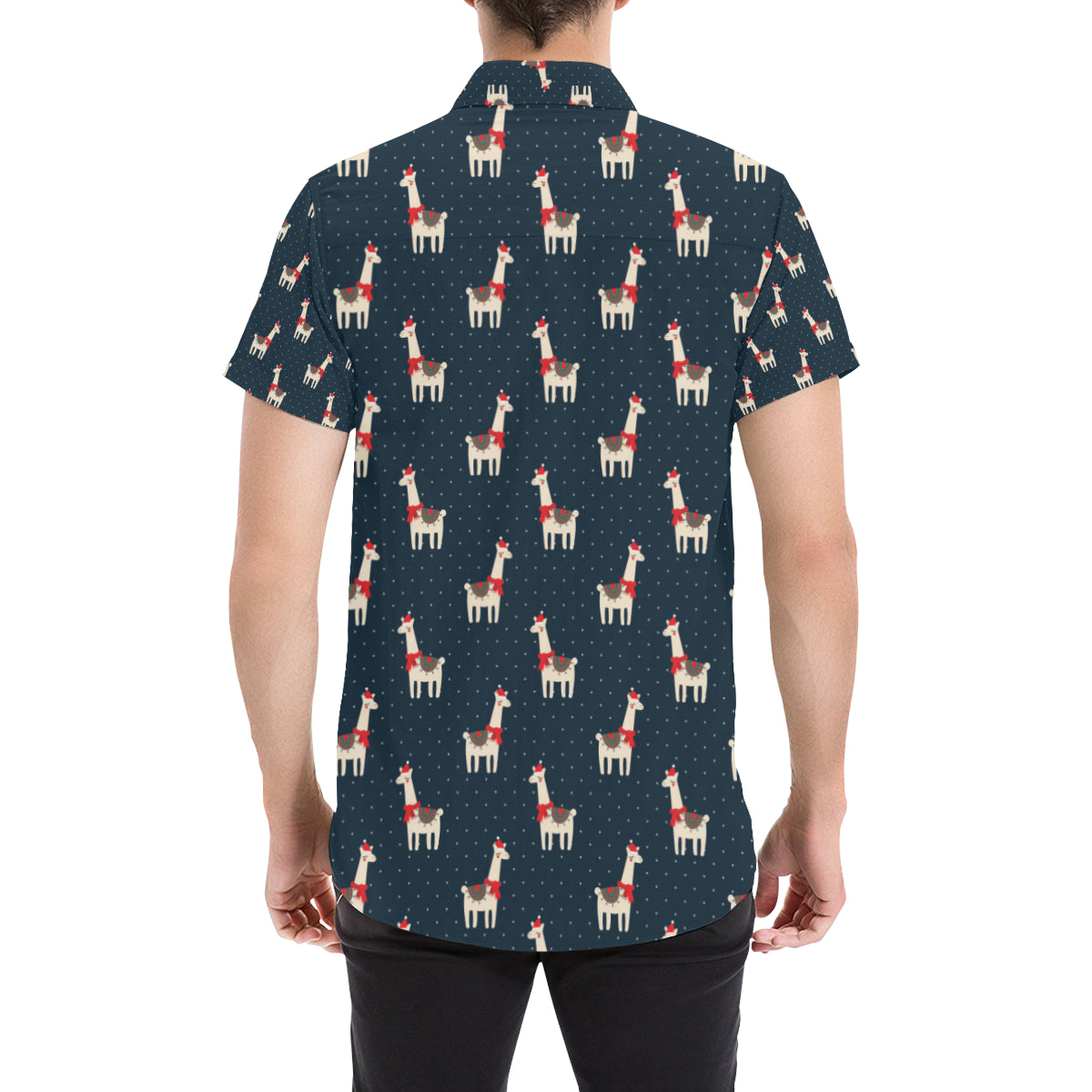 Llama with Polka Dot Themed Print Men's Short Sleeve Button Up Shirt