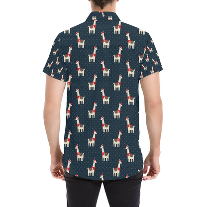 Llama with Polka Dot Themed Print Men's Short Sleeve Button Up Shirt