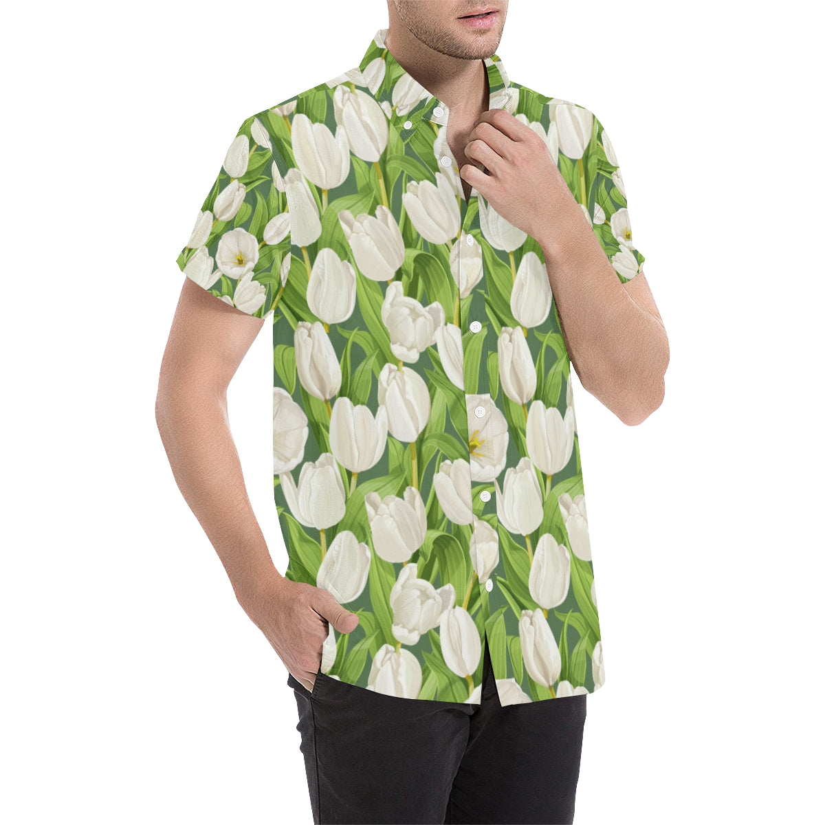 Tulip White Pattern Print Design TP05 Men's Short Sleeve Button Up Shirt