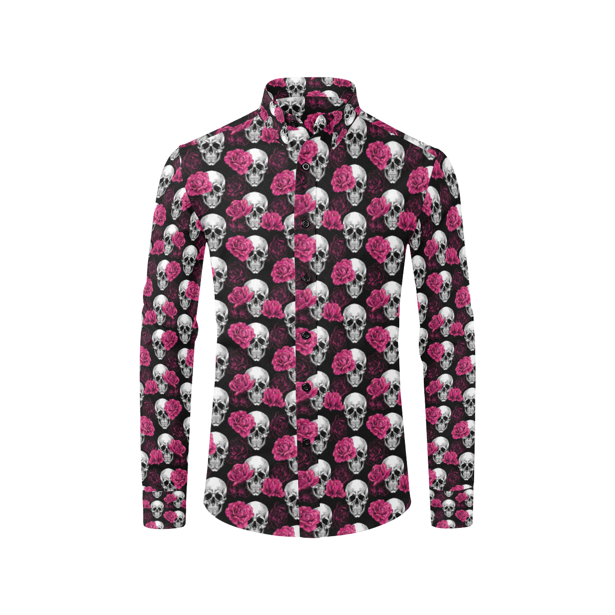 Pink Rose Skull Themed Print Men's Long Sleeve Shirt