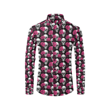 Pink Rose Skull Themed Print Men's Long Sleeve Shirt