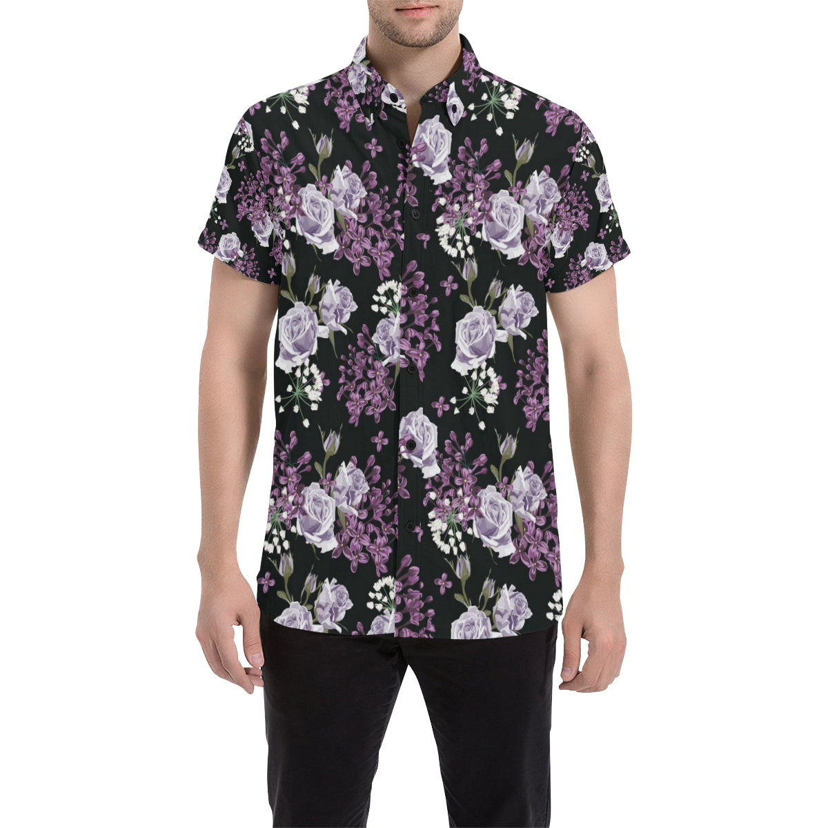 Lilac Pattern Print Design LI04 Men's Short Sleeve Button Up Shirt