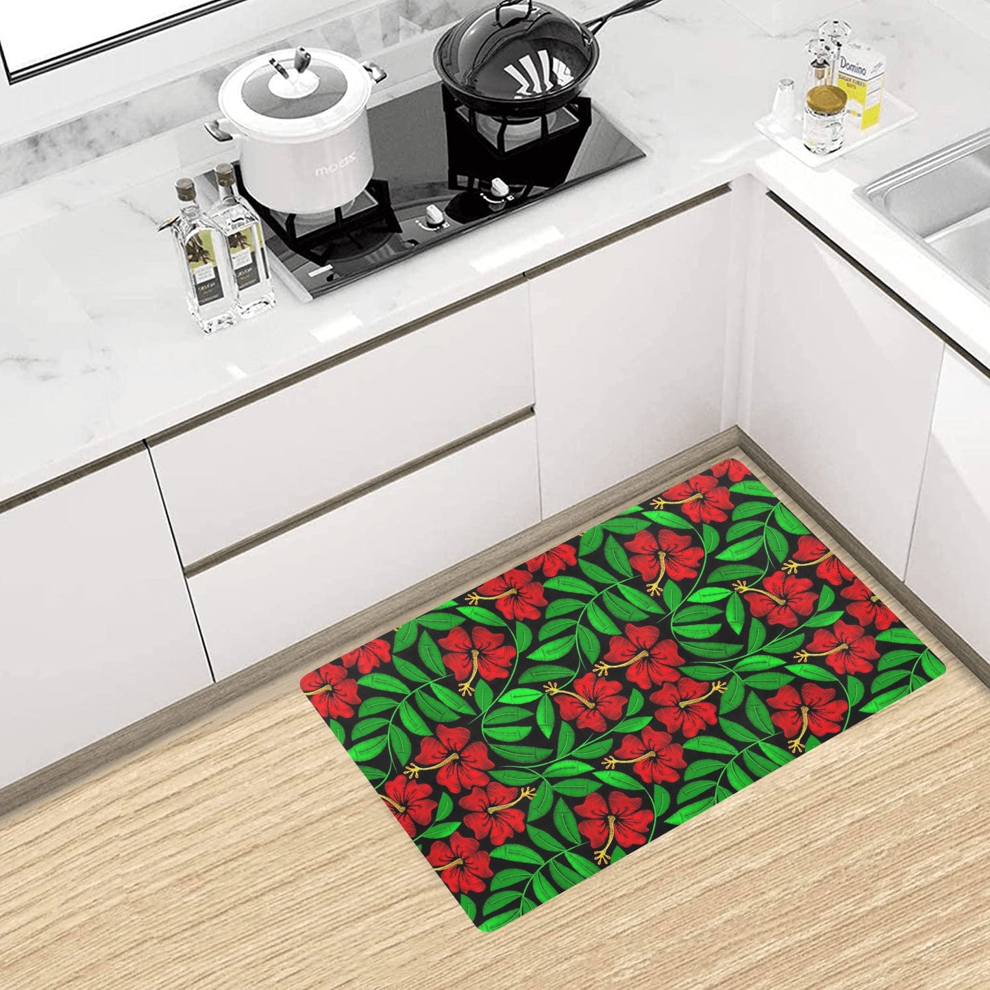 Red Hibiscus Embroidered Pattern Print Design HB032 Kitchen Mat