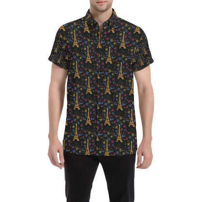 Eiffel Tower Love Paris Print Men's Short Sleeve Button Up Shirt