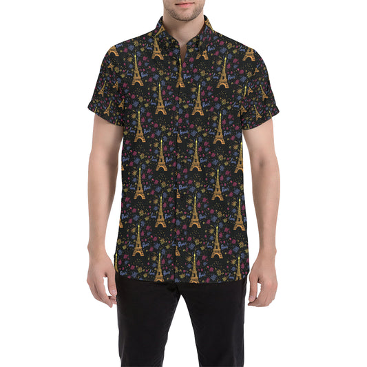 Eiffel Tower Love Paris Print Men's Short Sleeve Button Up Shirt