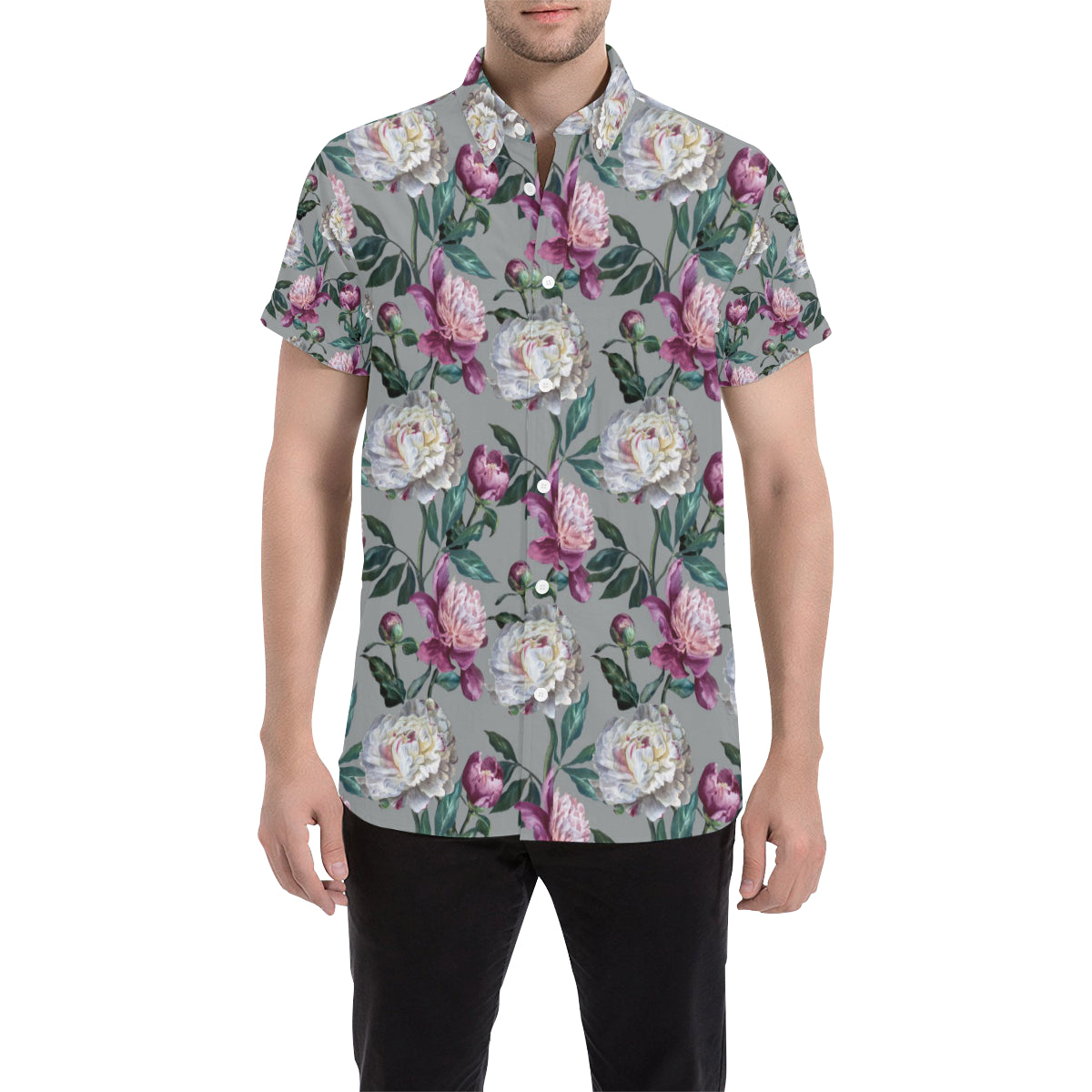 Peony Pattern Print Design PE01 Men's Short Sleeve Button Up Shirt