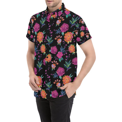 Marigold Pattern Print Design MR02 Men's Short Sleeve Button Up Shirt