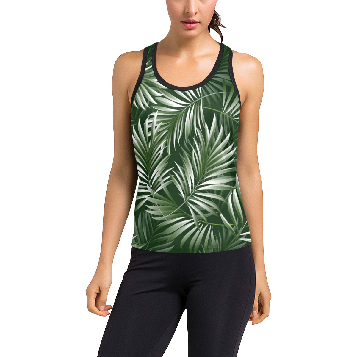 White Green Tropical Palm Leaves Women's Racerback Tank Top