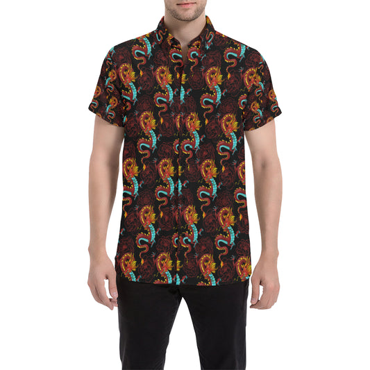 Chinese Dragons and Peonies Design Men's Short Sleeve Button Up Shirt