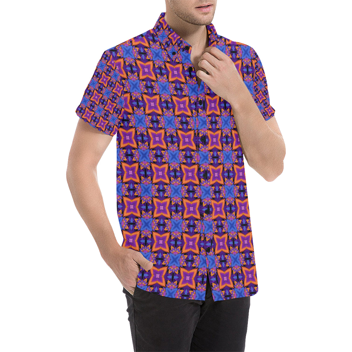 kaleidoscope Purple Orange Print Design Men's Short Sleeve Button Up Shirt