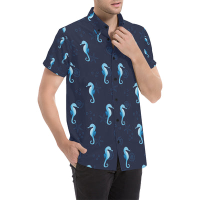 SeaHorse Blue neon Pattern Print Design 03 Men's Short Sleeve Button Up Shirt