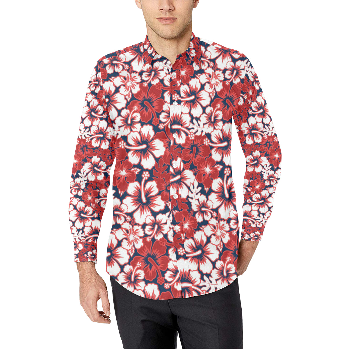 Red Hibiscus Pattern Print Design HB01 Men's Long Sleeve Shirt