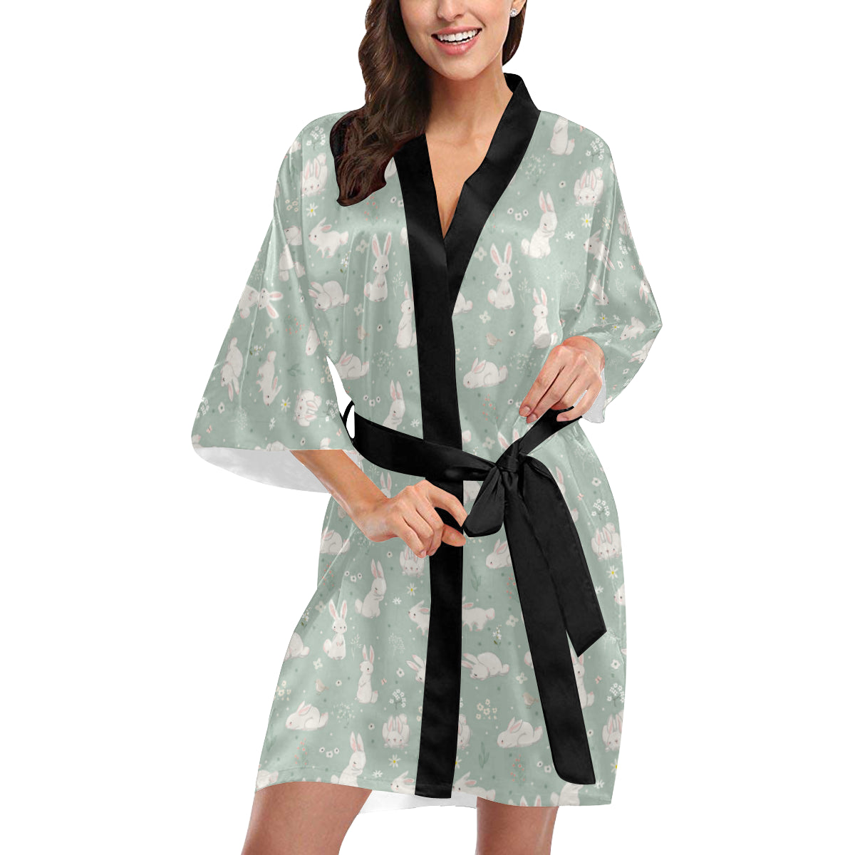 Bunny Pattern Print Design 03 Women's Short Kimono