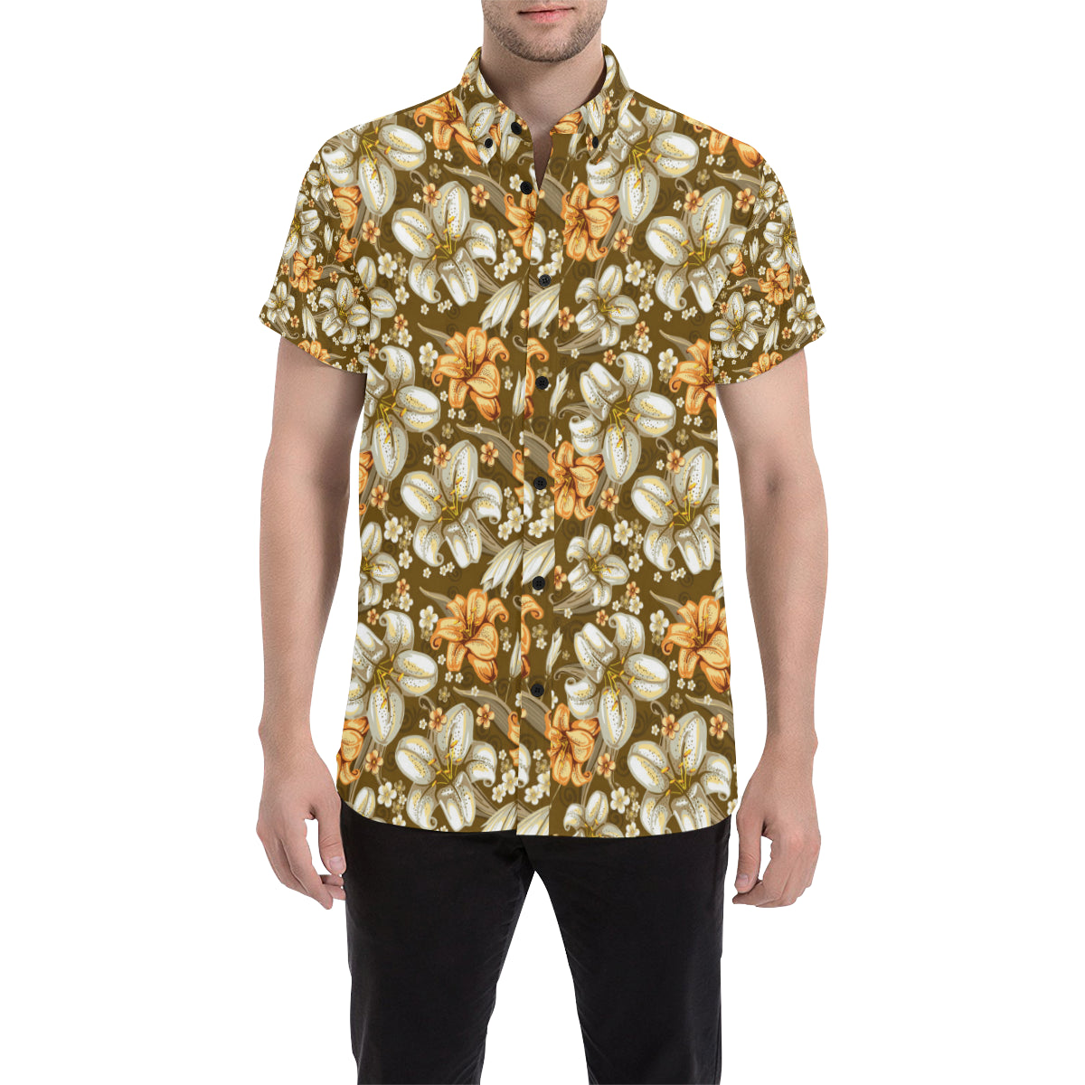 Lily Pattern Print Design 01 Men's Short Sleeve Button Up Shirt