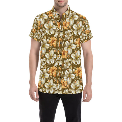 Lily Pattern Print Design 01 Men's Short Sleeve Button Up Shirt