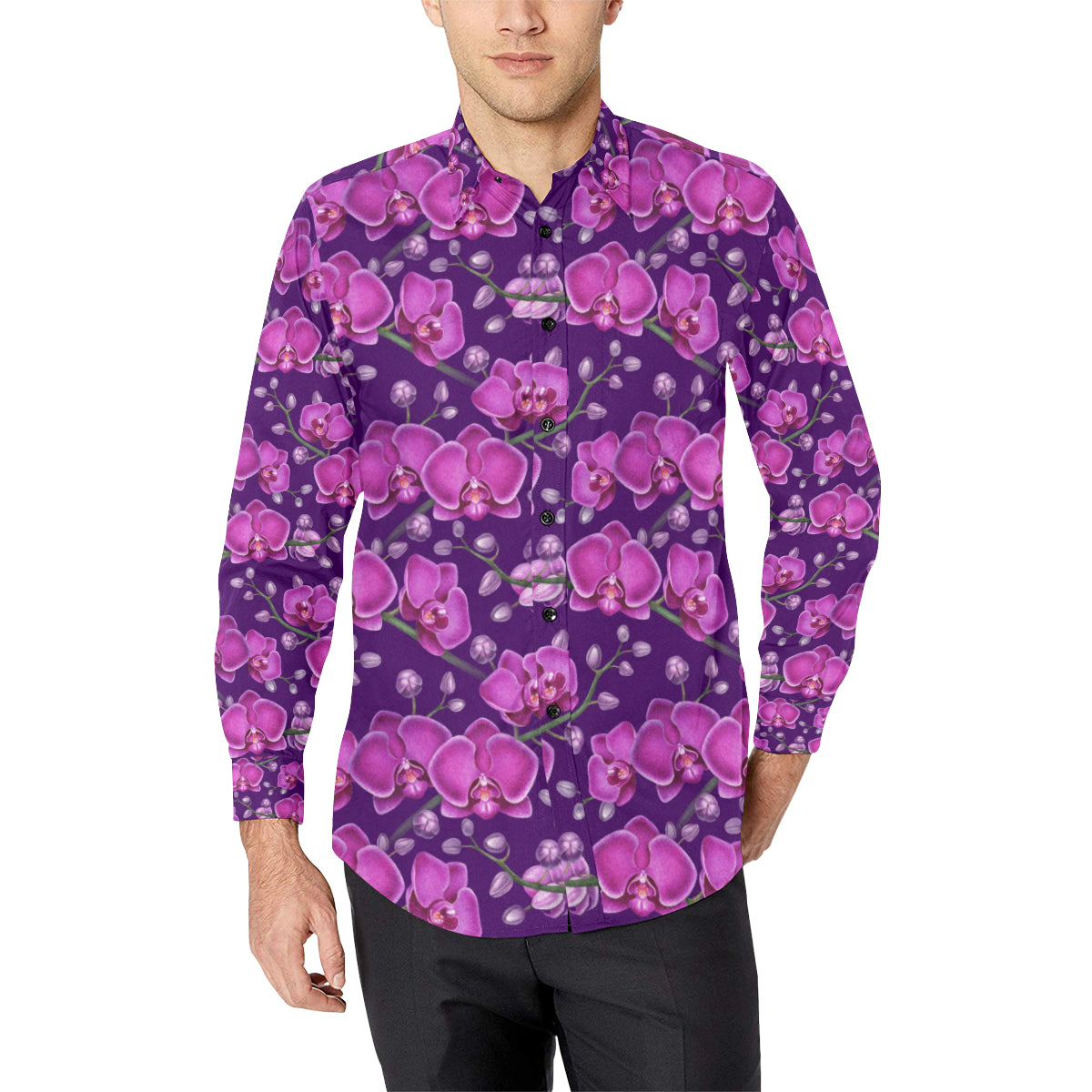 Orchid Purple Pattern Print Design OR02 Men's Long Sleeve Shirt