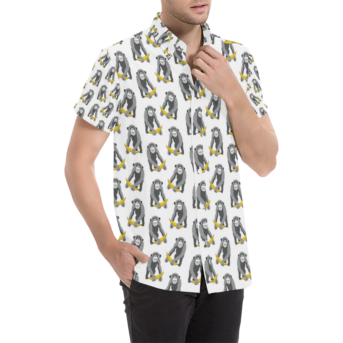 Chimpanzee Pattern Print Design 05 Men's Short Sleeve Button Up Shirt