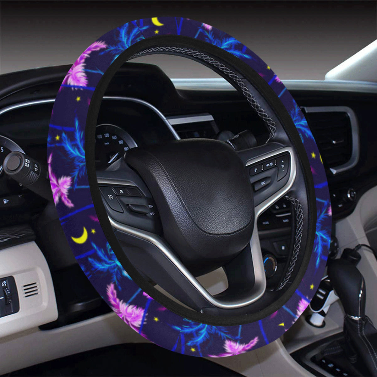 Palm Tree Night Scene Design Print Steering Wheel Cover with Elastic Edge