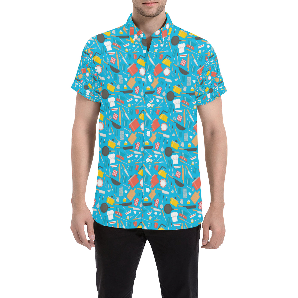 Cooking Kitchen Tools Pattern Print Design 03 Men's Short Sleeve Button Up Shirt