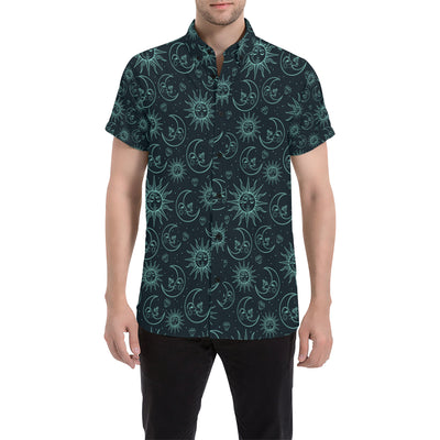 Sun Moon Magic Design Themed Print Men's Short Sleeve Button Up Shirt