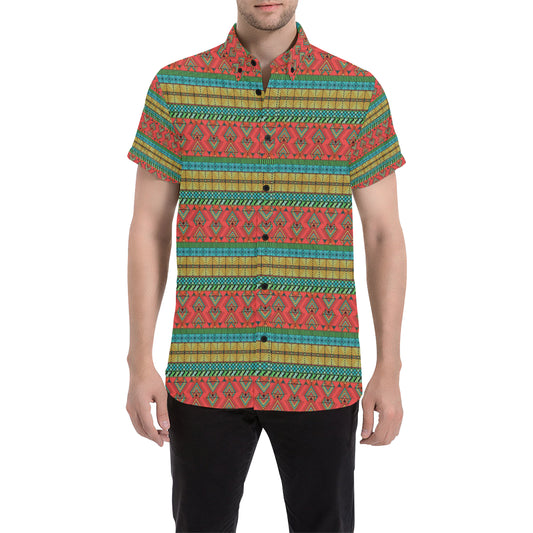 African Colorful Zigzag Print Pattern Men's Short Sleeve Button Up Shirt