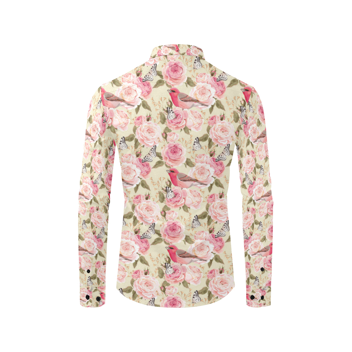 Bird Butterfly Pink Flower Print Pattern Men's Long Sleeve Shirt