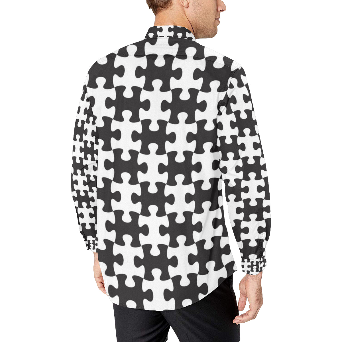 Puzzle Black White Pattern Print Design A02 Men's Long Sleeve Shirt