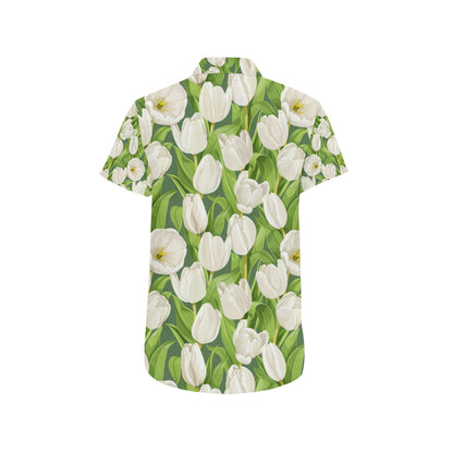 Tulip White Pattern Print Design TP05 Men's Short Sleeve Button Up Shirt