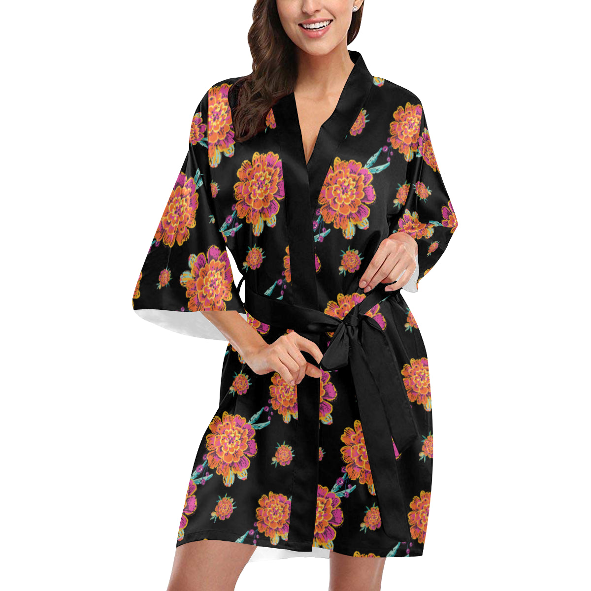 Marigold Pattern Print Design 01 Women's Short Kimono