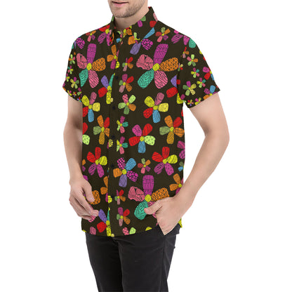 Flower Power Colorful Print Pattern Men's Short Sleeve Button Up Shirt