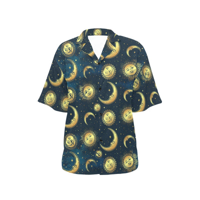 Gold Sun Moon Face Women's Hawaiian Shirt