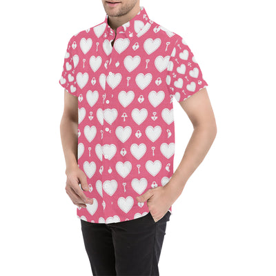 Heart Key Pattern Print Design HE09 Men's Short Sleeve Button Up Shirt