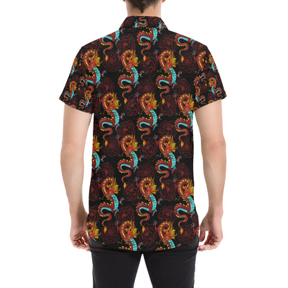 Chinese Dragons and Peonies Design Men's Short Sleeve Button Up Shirt