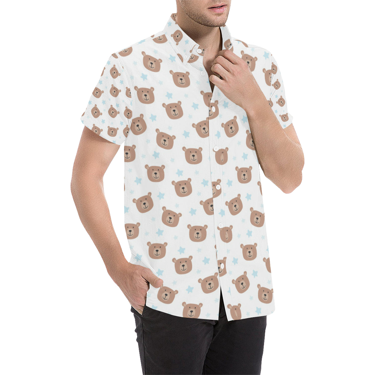 Bear Pattern Print Design BE02 Men's Short Sleeve Button Up Shirt