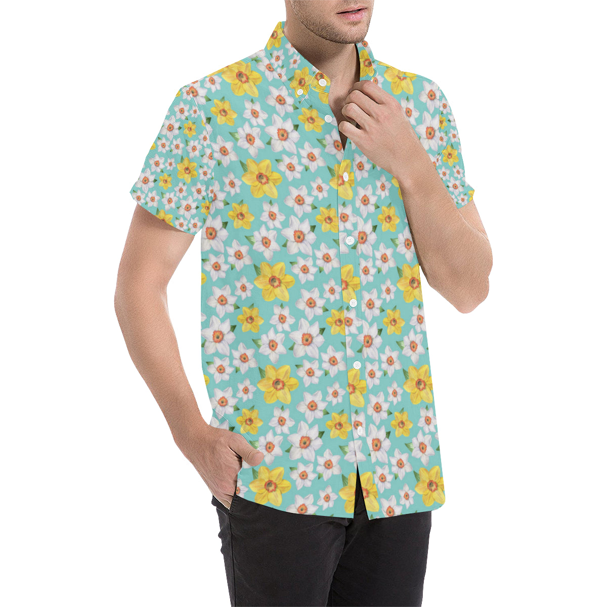 Daffodils Pattern Print Design 02 Men's Short Sleeve Button Up Shirt