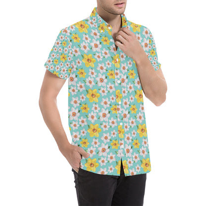 Daffodils Pattern Print Design 02 Men's Short Sleeve Button Up Shirt