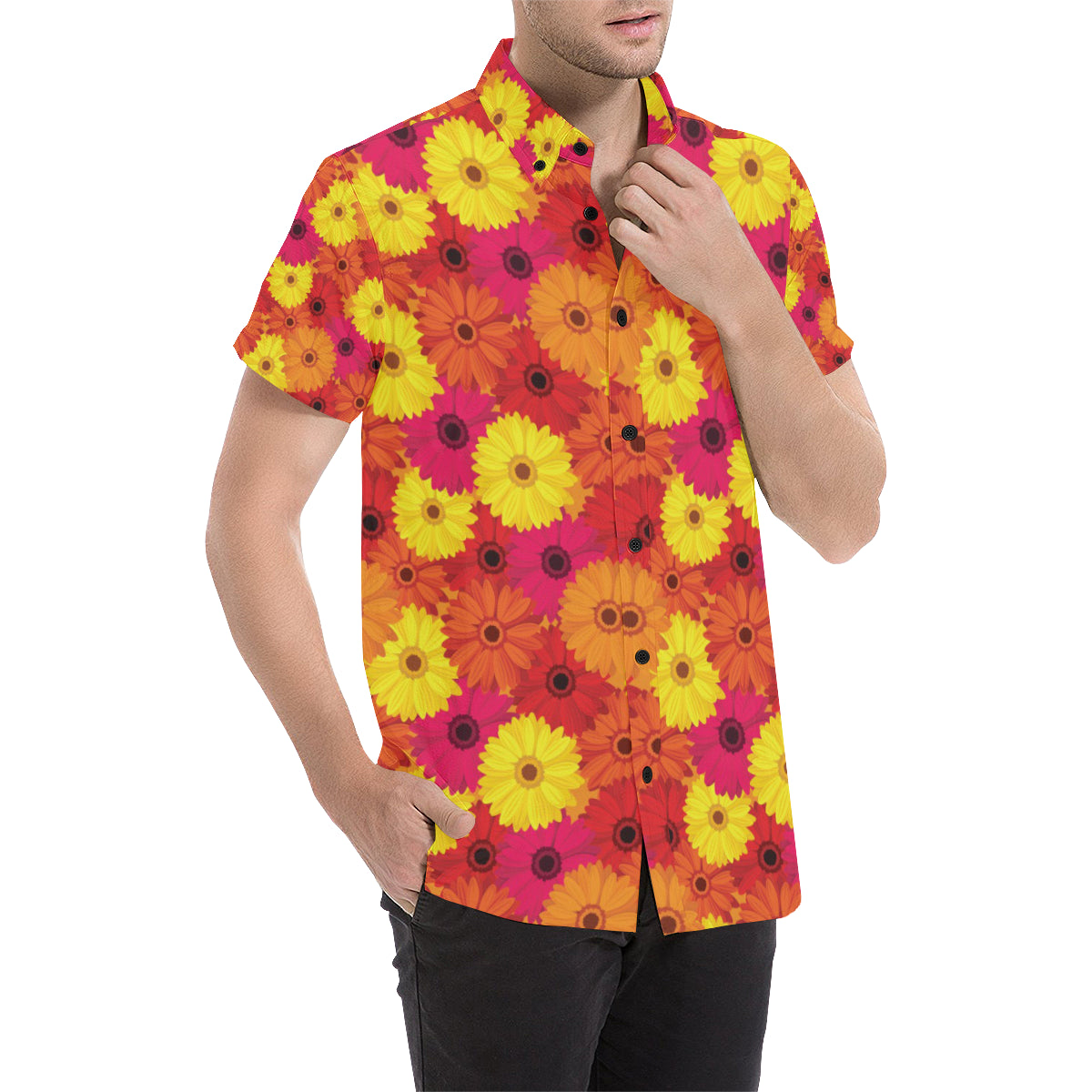 Gerberas Pattern Print Design GB05 Men's Short Sleeve Button Up Shirt