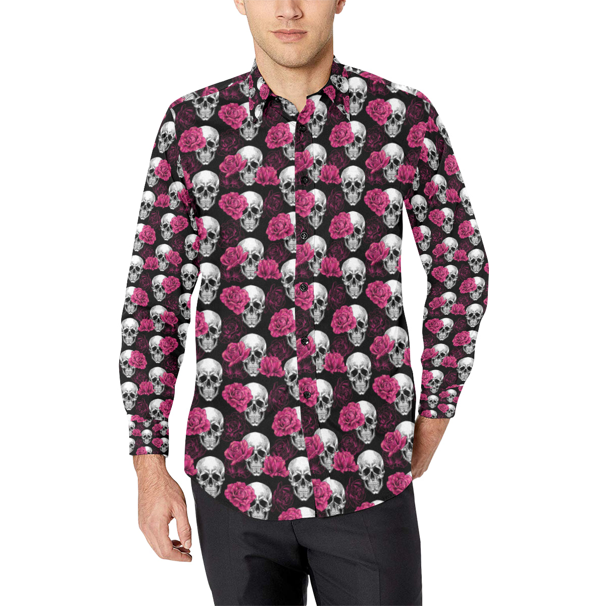 Pink Rose Skull Themed Print Men's Long Sleeve Shirt