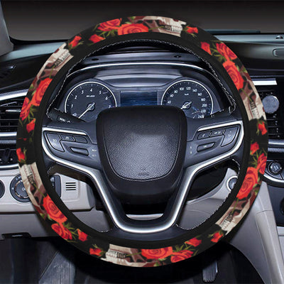 Red Rose Skull Design Print Steering Wheel Cover with Elastic Edge