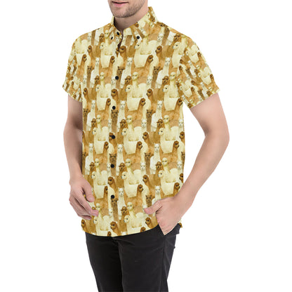 Alpaca Watercolor Design Themed Print Men's Short Sleeve Button Up Shirt