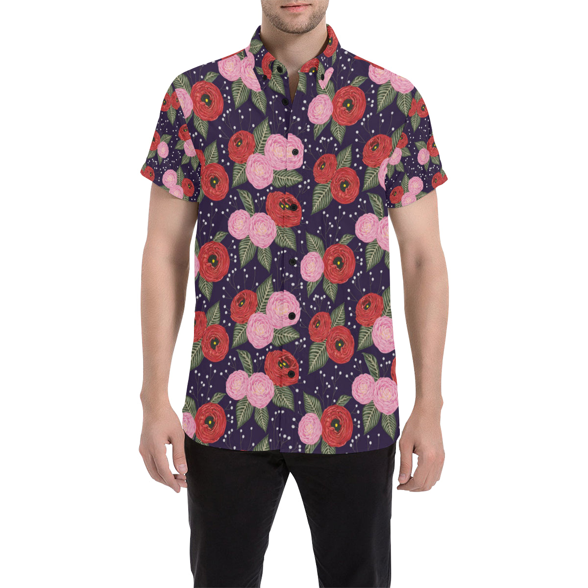 Camellia Pattern Print Design CM02 Men's Short Sleeve Button Up Shirt