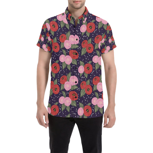 Camellia Pattern Print Design CM02 Men's Short Sleeve Button Up Shirt