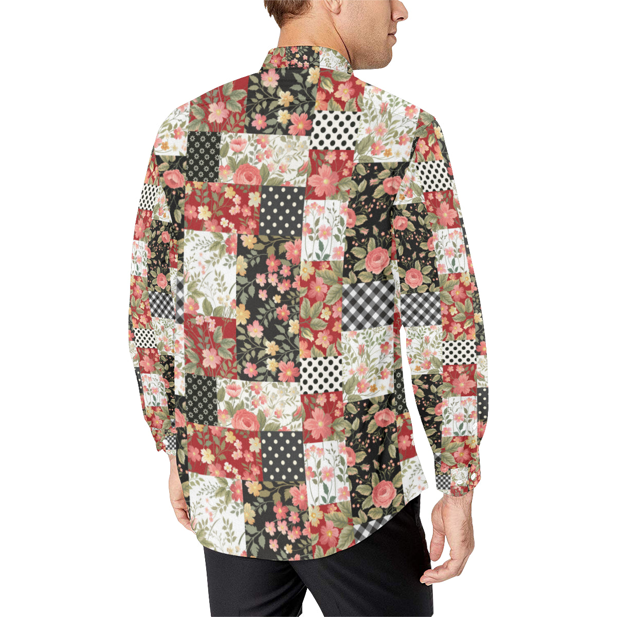 Patchwork Flower Pattern Print Design 03 Men's Long Sleeve Shirt