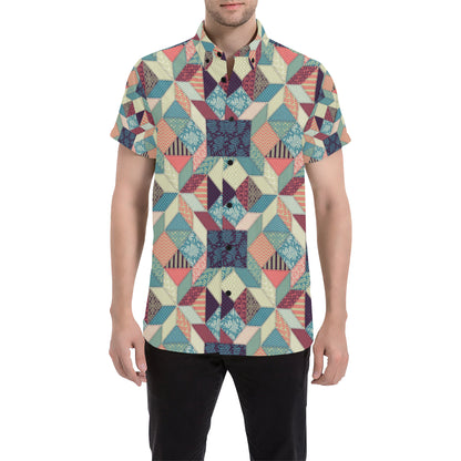 Patchwork Pattern Print Design 02 Men's Short Sleeve Button Up Shirt