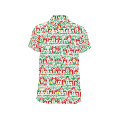 Swedish Dala Style Pattern Men's Short Sleeve Button Up Shirt