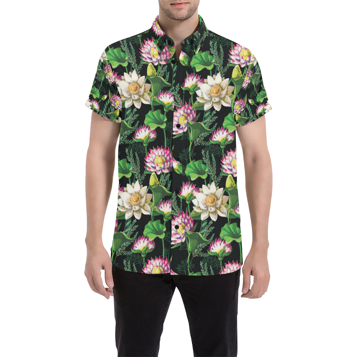 Water Lily Pattern Print Design WL010 Men's Short Sleeve Button Up Shirt