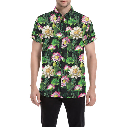 Water Lily Pattern Print Design WL010 Men's Short Sleeve Button Up Shirt